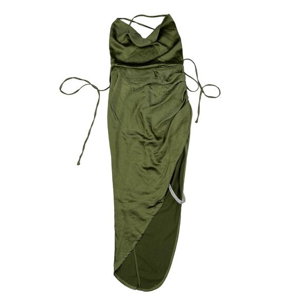 Club L - Risk It All Cami Cowl Neck Asymmetric Hem Satin Midi Dress in Green - Picture 1 of 7